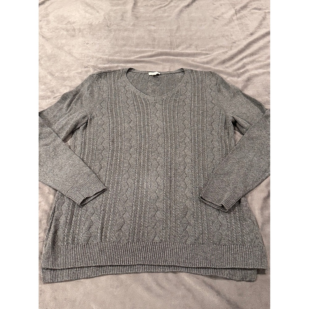 Talbots Womens Gray Cable Knit V-Neck Cotton Sweater Size S Long Sleeve High-Low